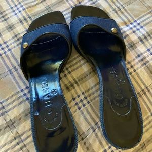 Chanel vintage denim mules size 7.5. Silver heels. worn once, perfect condition